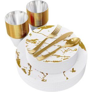 180PCS Disposable Dinnerware Set 30 Guest, 60 White and Gold Plastic Plates